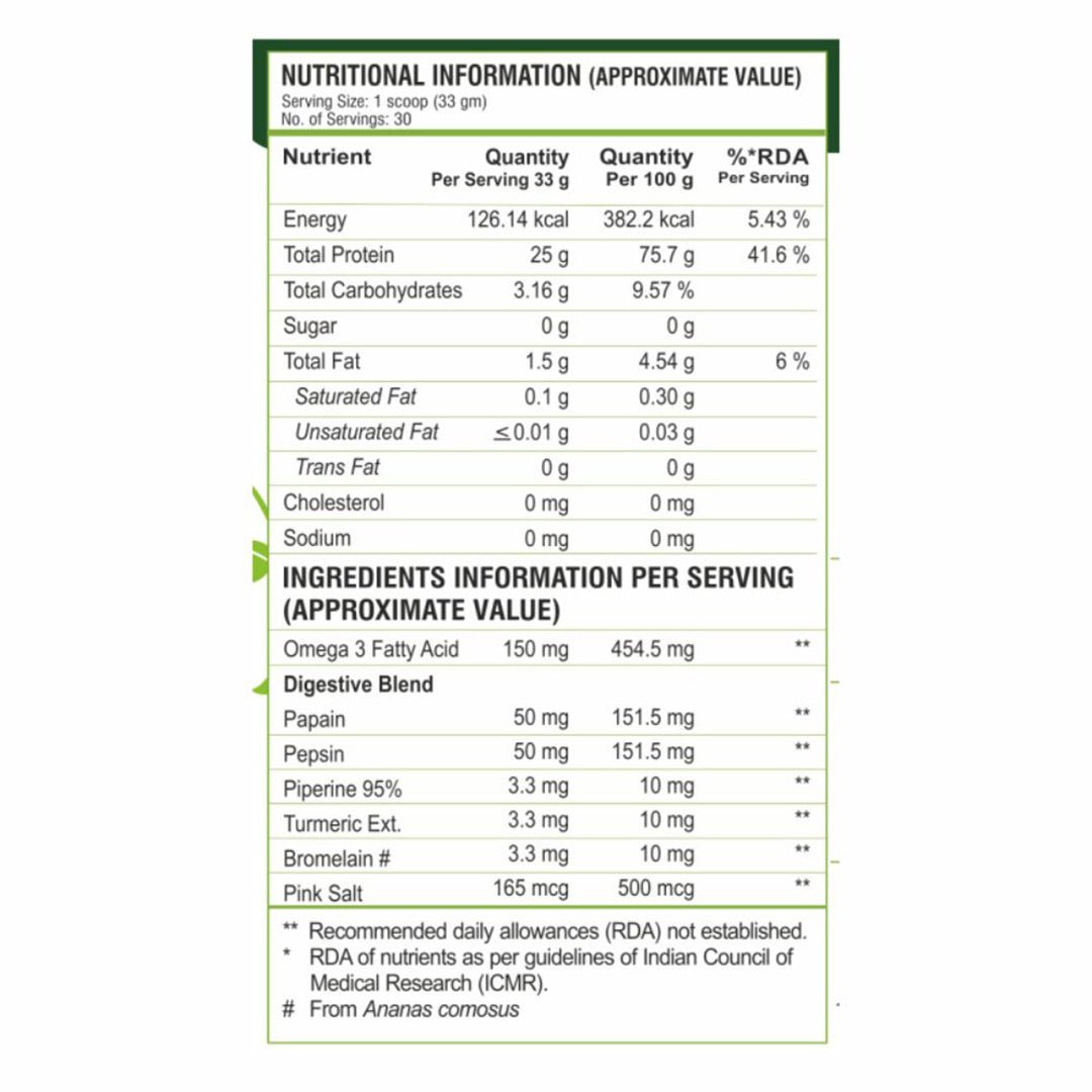 Nutrition facts panel of vegan protein powder showing protein content, calories, ingredients, digestive enzymes, and essential nutrients per serving.