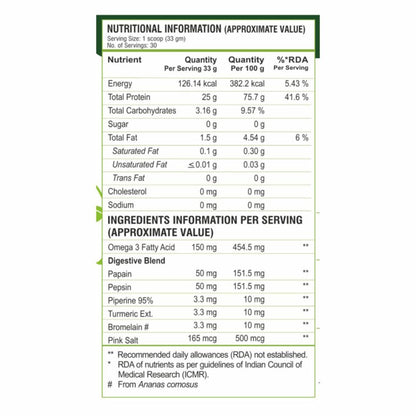 Nutrition facts panel of vegan protein powder showing protein content, calories, ingredients, digestive enzymes, and essential nutrients per serving.