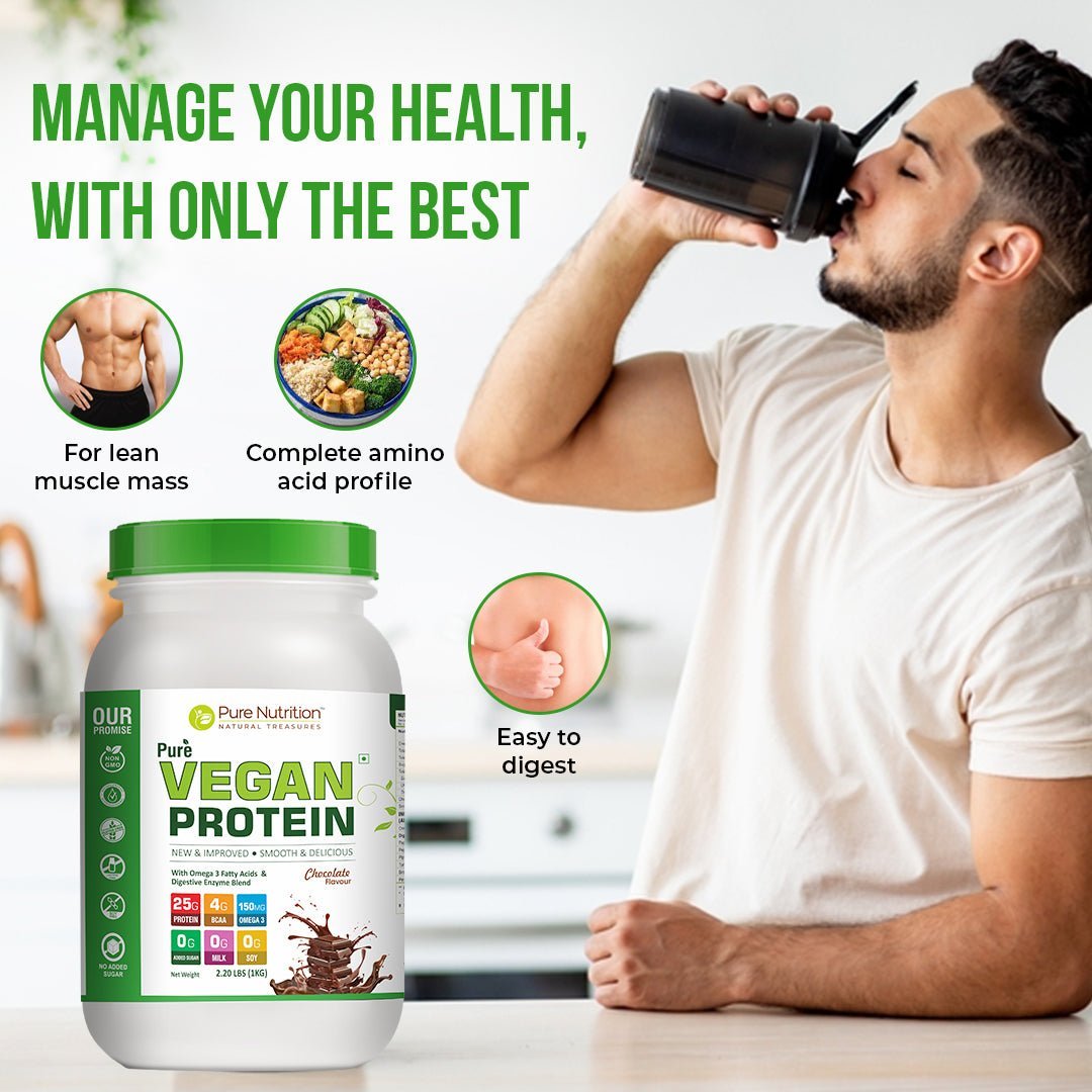 Man drinking a vegan protein shake with plant-based protein powder, highlighting benefits for lean muscle growth, complete amino acid support, and easy digestion.