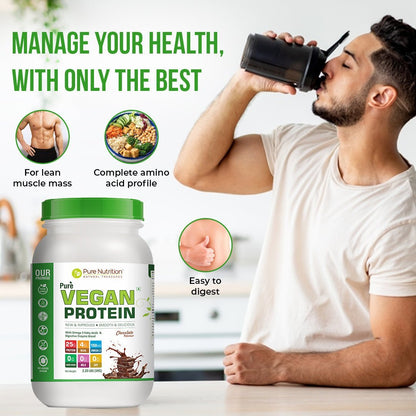 Man drinking a vegan protein shake with plant-based protein powder, highlighting benefits for lean muscle growth, complete amino acid support, and easy digestion.