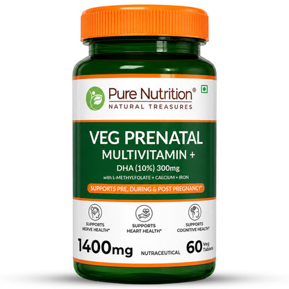 Veg Prenatal Multivitamin + DHA 300mg | With L-Methylfolate, Iron & Calcium | 60 Veg Tablets