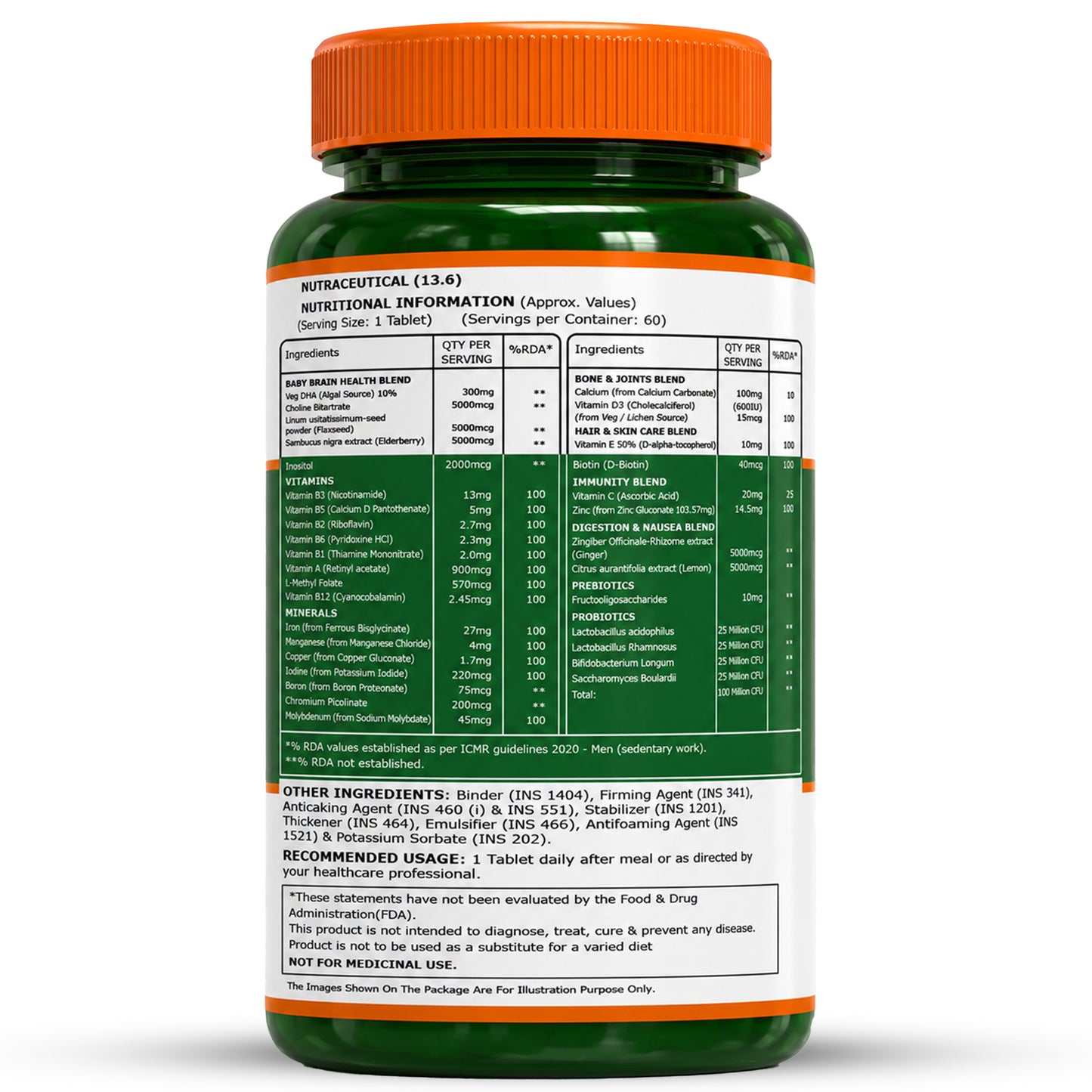 Veg Prenatal Multivitamin + DHA 300mg | With L-Methylfolate, Iron & Calcium | 60 Veg Tablets