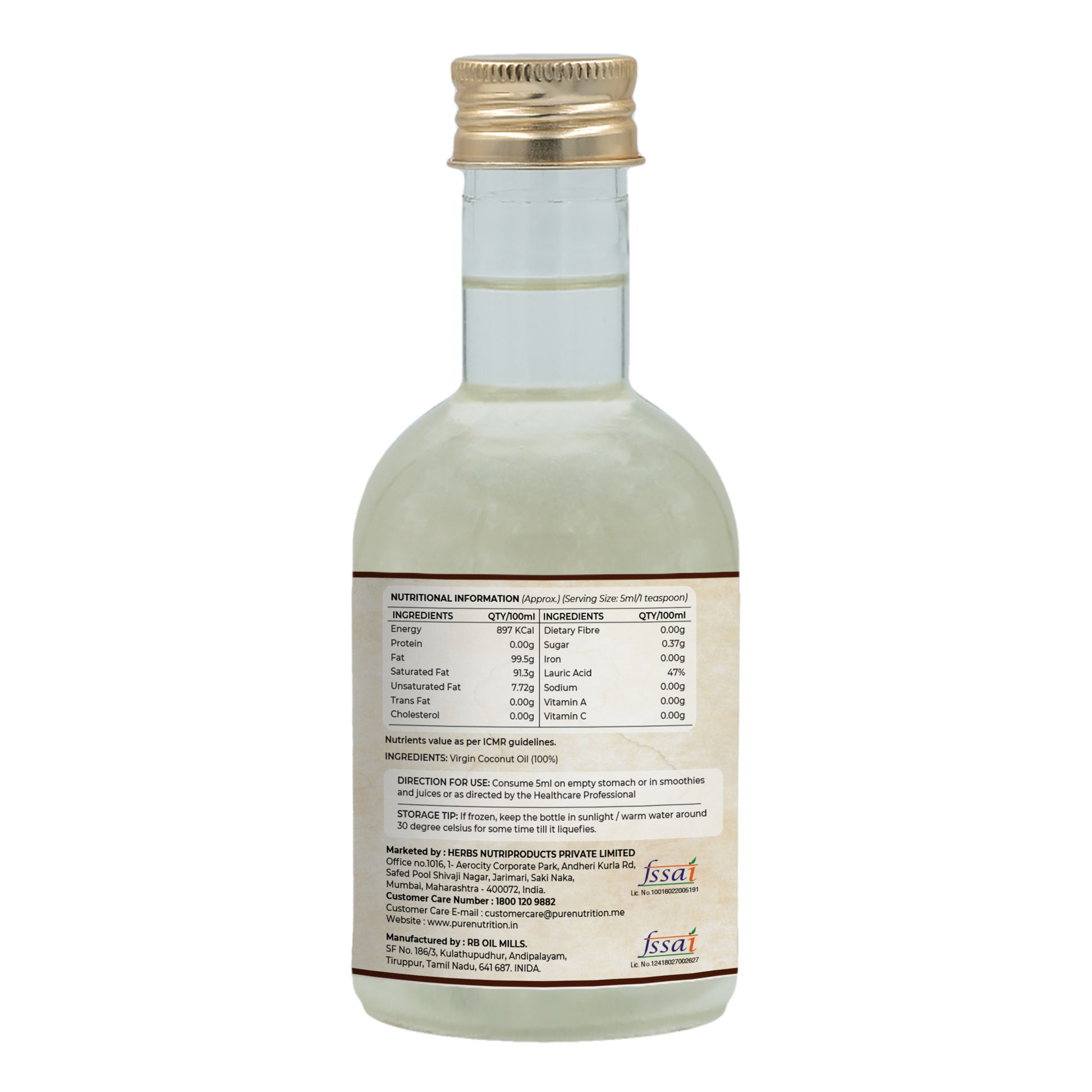 Back label of virgin coconut oil displaying nutrition facts, ingredients, storage instructions, and manufacturer details.