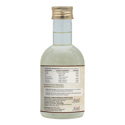 Back label of virgin coconut oil displaying nutrition facts, ingredients, storage instructions, and manufacturer details.