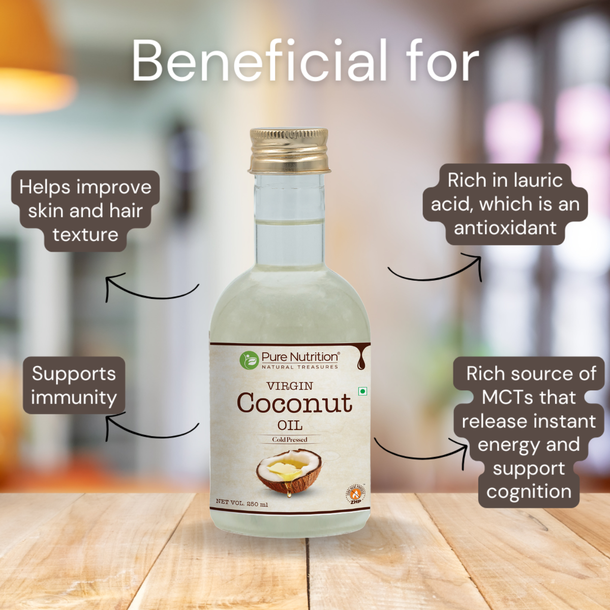 Virgin coconut oil highlighting benefits for skin and hair health, immune support, antioxidants, and MCT energy.