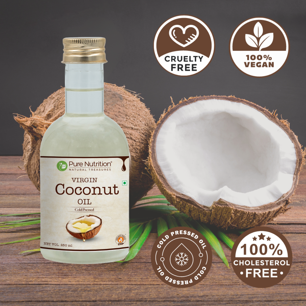 Cold-pressed virgin coconut oil highlighting its vegan, cruelty-free, and cholesterol-free properties with fresh coconut.