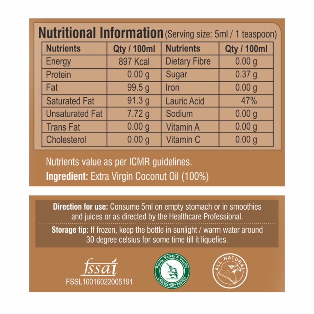 Nutrition facts label for cold-pressed virgin coconut oil showing calories, healthy fats, lauric acid, and serving information.