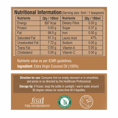 Nutrition facts label for cold-pressed virgin coconut oil showing calories, healthy fats, lauric acid, and serving information.