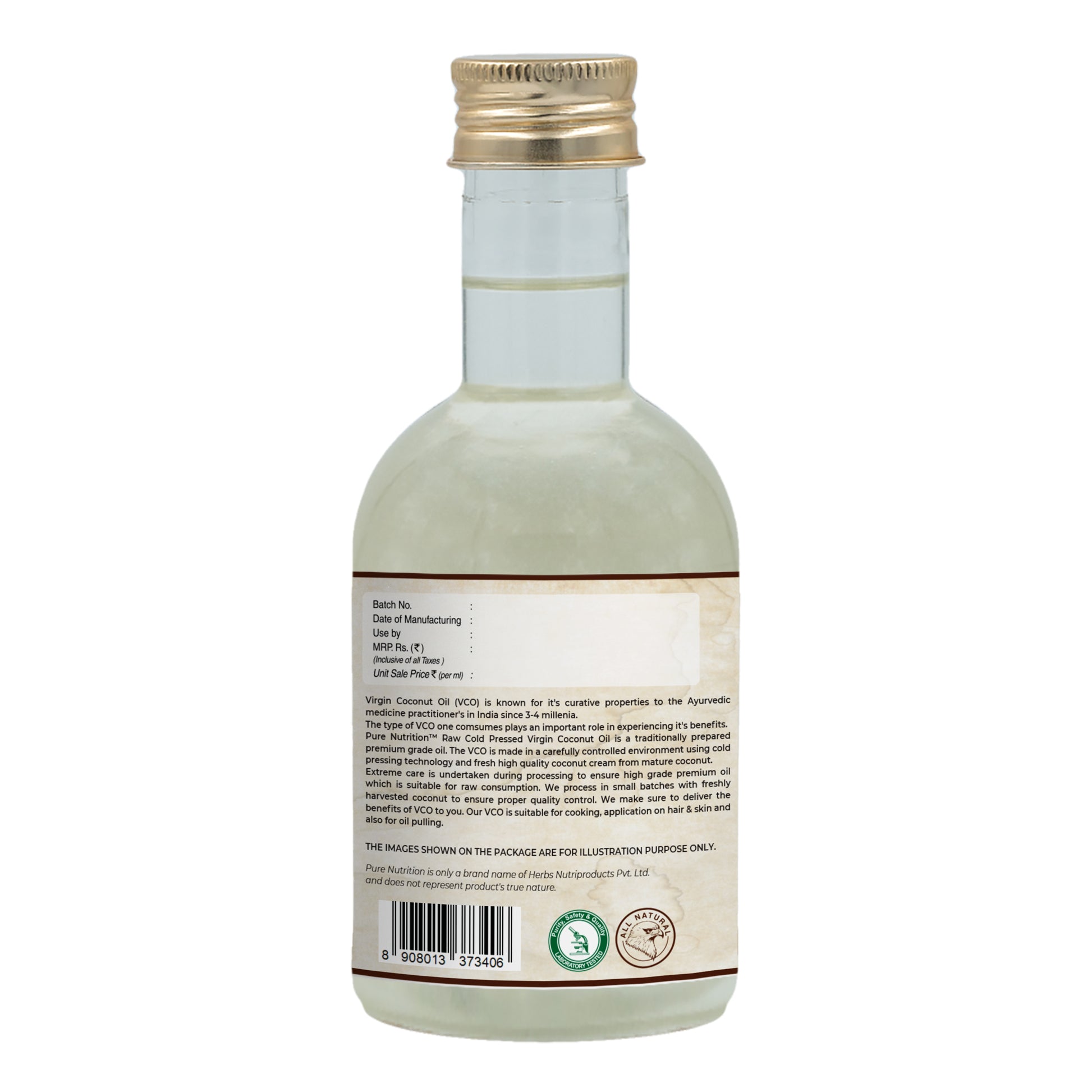 Back label of cold-pressed virgin coconut oil with product description, usage information, barcode, and packaging details.