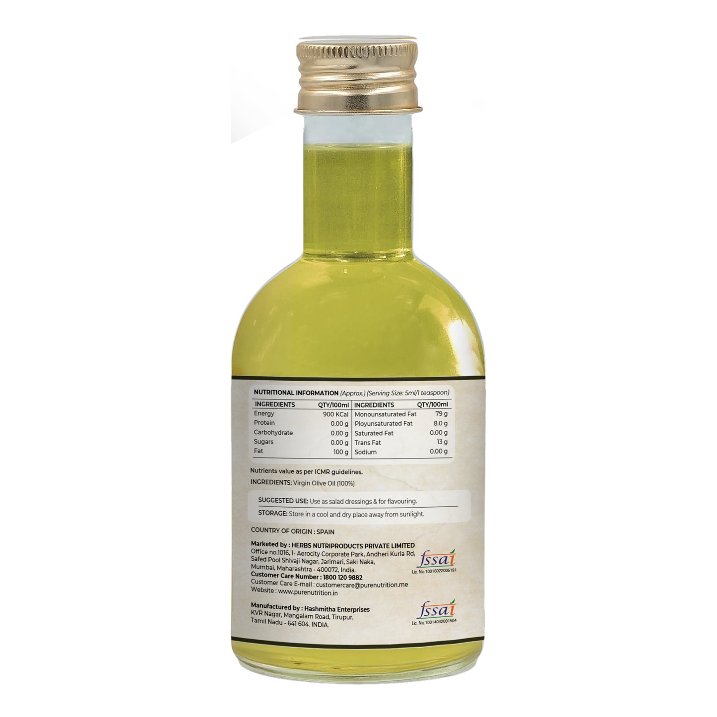 Back label of virgin olive oil displaying nutrition facts, ingredients, storage instructions, and manufacturer information.