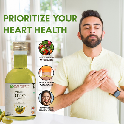 Virgin olive oil supporting heart health with antioxidants while promoting healthy skin, hair, and weight management.