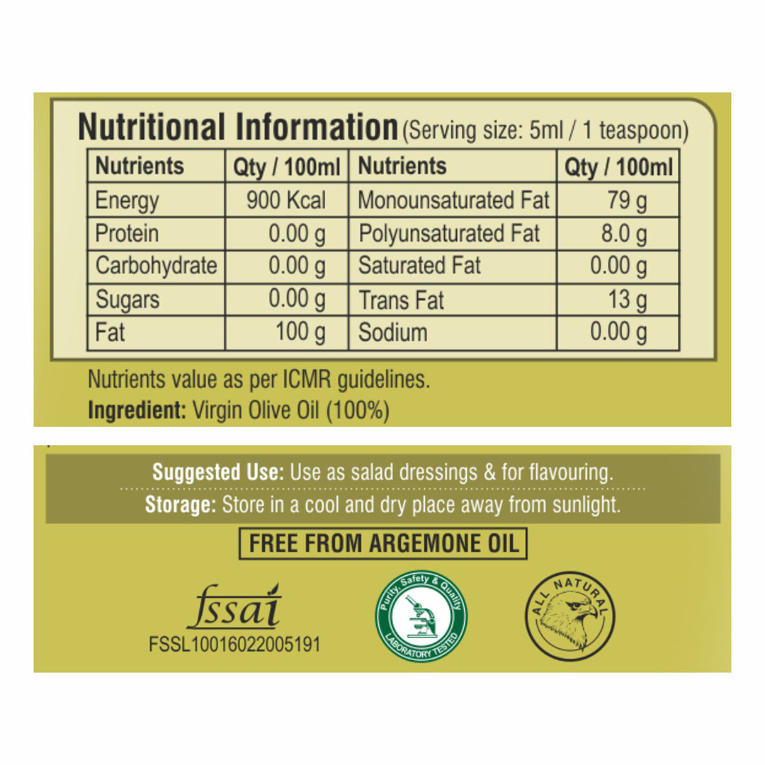 Nutrition facts label of cold-pressed virgin olive oil showing healthy fats, calories, and serving information.