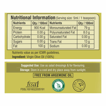 Nutrition facts label of cold-pressed virgin olive oil showing healthy fats, calories, and serving information.