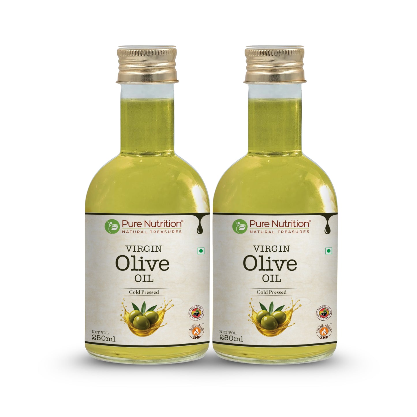 Pack of two bottles of cold-pressed virgin olive oil for healthy cooking and daily wellness.
