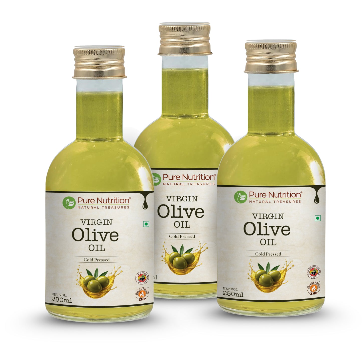 Pack of three bottles of cold-pressed virgin olive oil for long-term healthy cooking and nutrition.