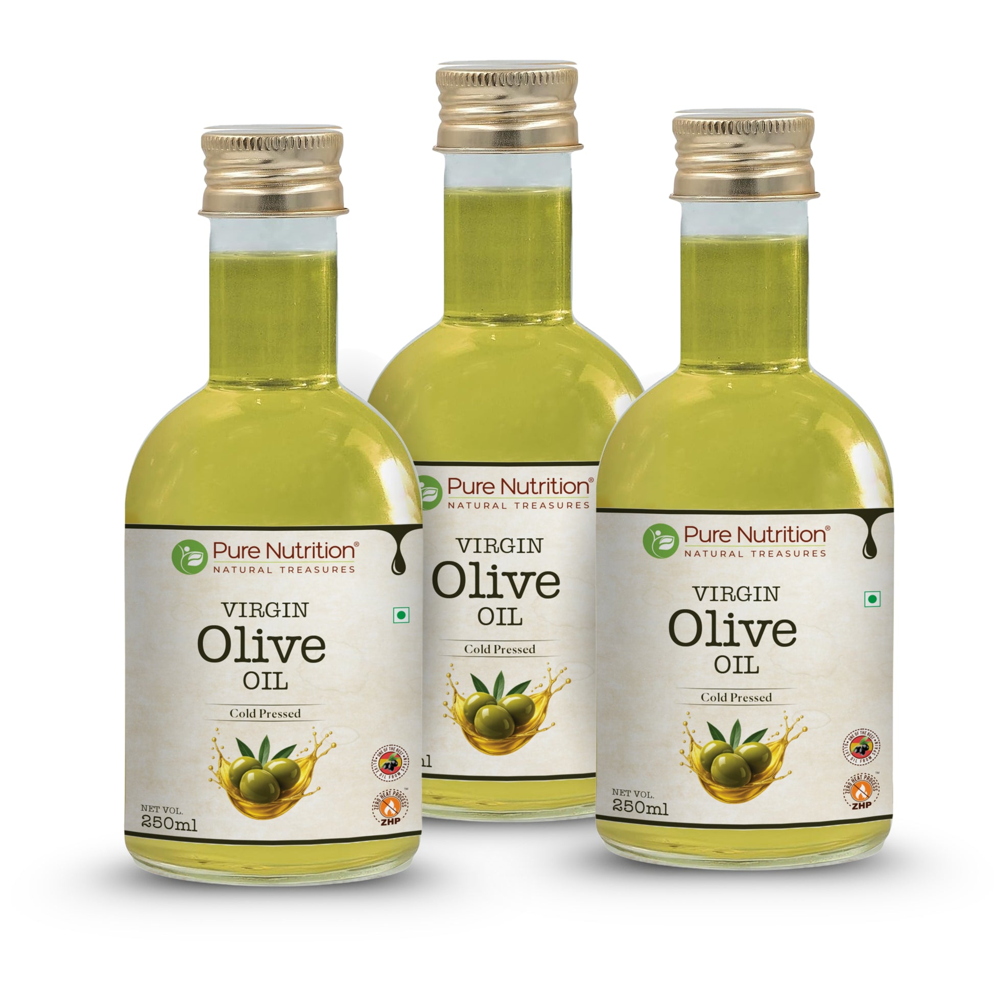 Pack of three bottles of cold-pressed virgin olive oil for long-term healthy cooking and nutrition.
