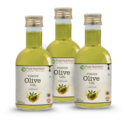 Pack of three bottles of cold-pressed virgin olive oil for long-term healthy cooking and nutrition.
