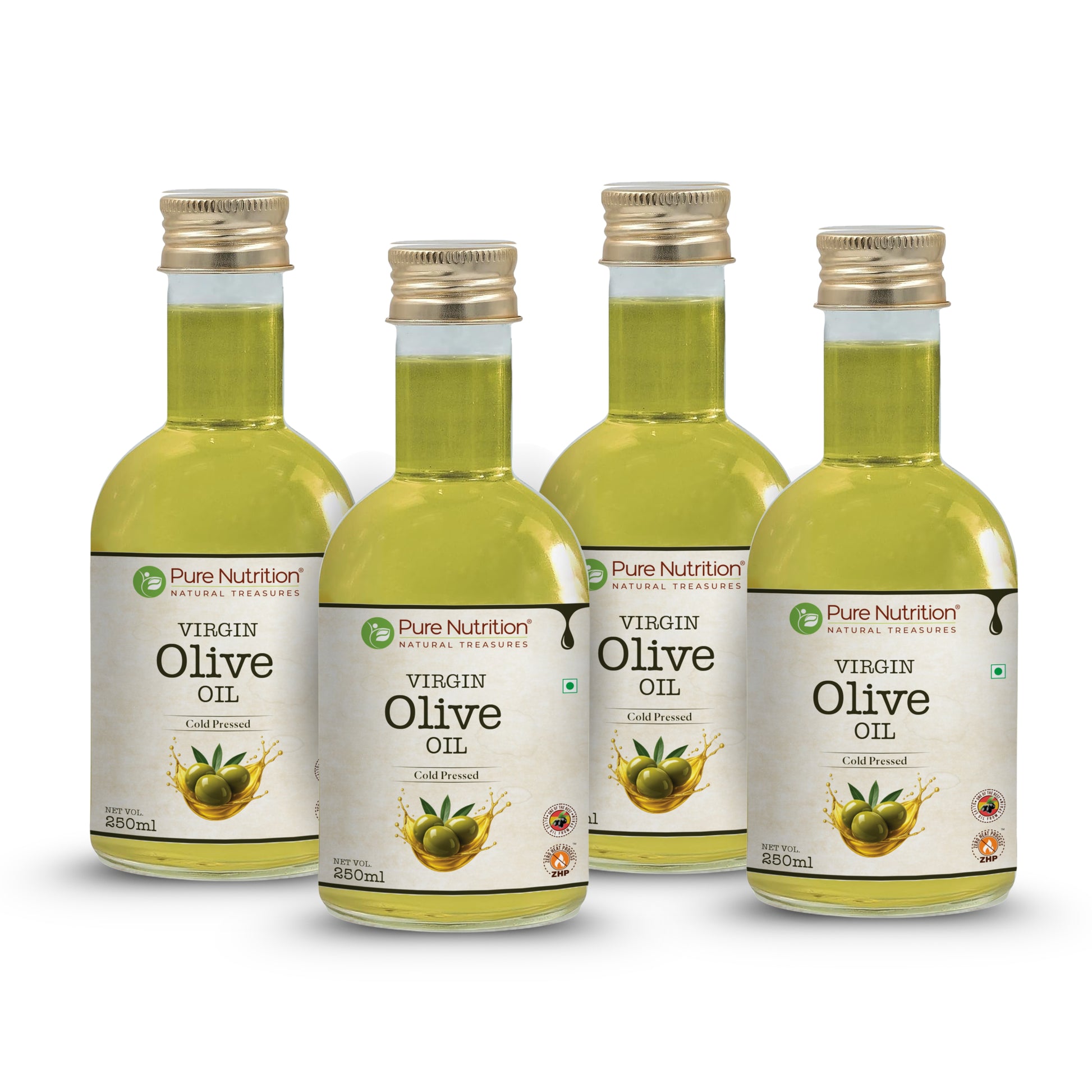 Pack of four bottles of cold-pressed virgin olive oil for family use, cooking, and everyday wellness.