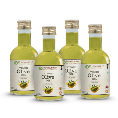 Pack of four bottles of cold-pressed virgin olive oil for family use, cooking, and everyday wellness.