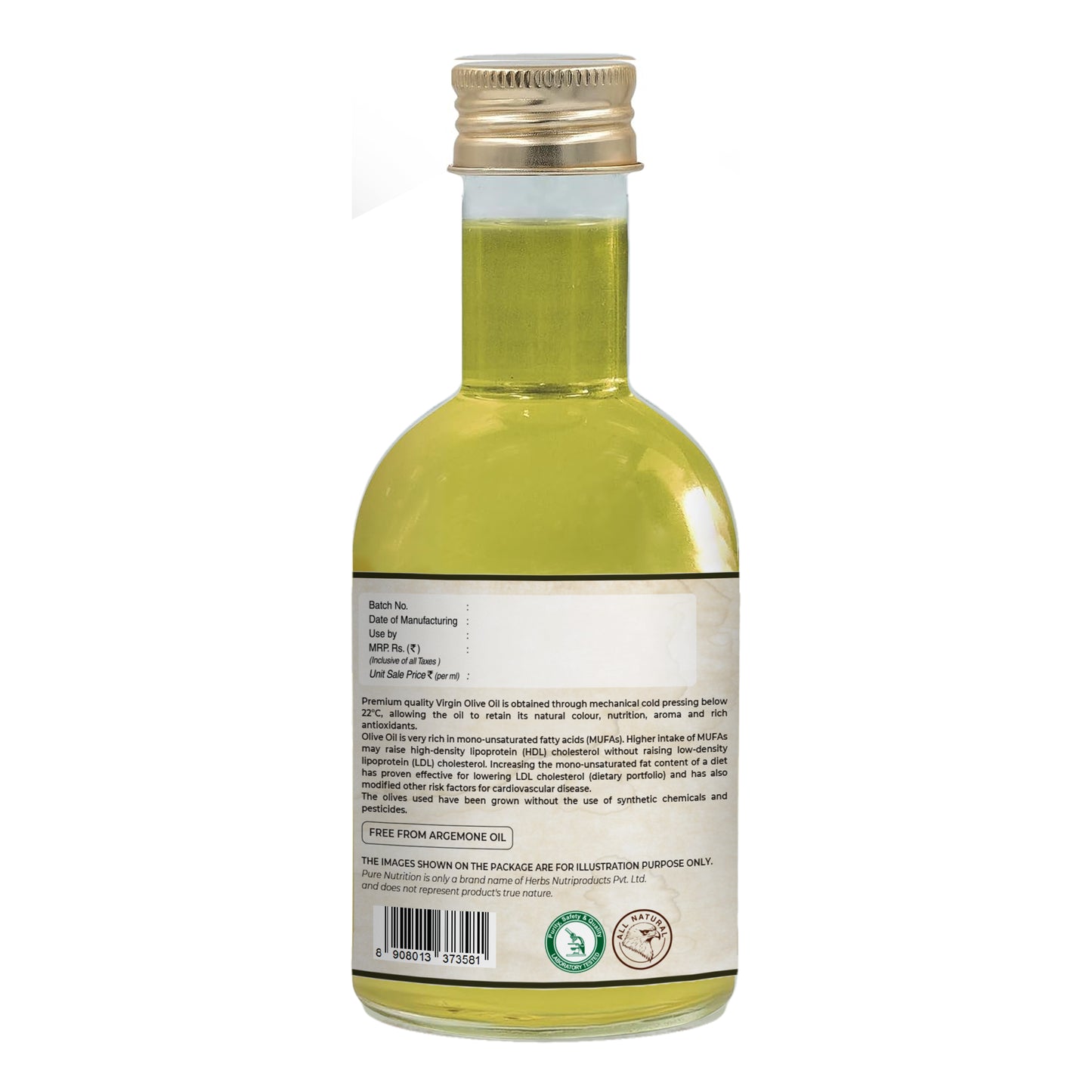 Back label of cold-pressed virgin olive oil with product description, usage details, barcode, and packaging information.