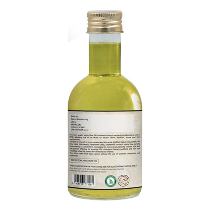 Back label of cold-pressed virgin olive oil with product description, usage details, barcode, and packaging information.