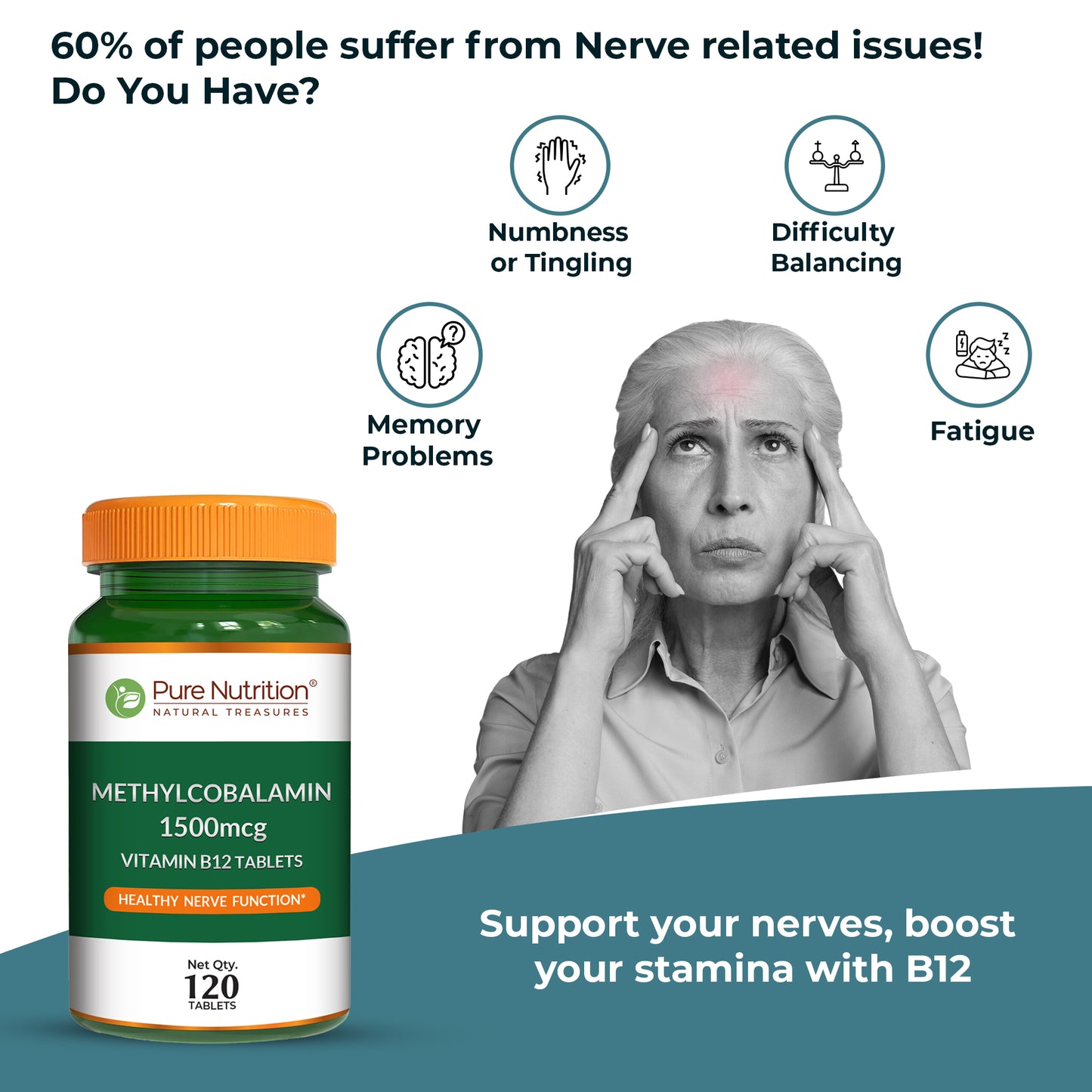 Woman showing signs of nerve issues like numbness, tingling, fatigue, and memory problems indicating a need for B12.