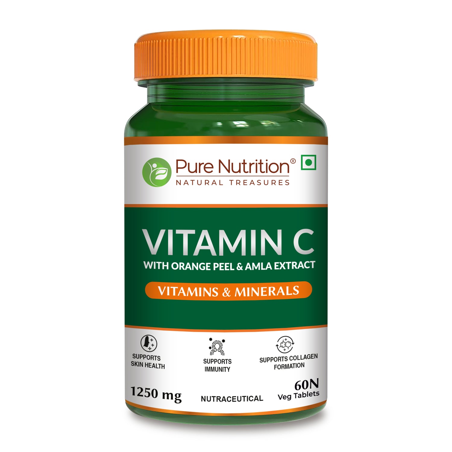 Front view of Pure Nutrition Vitamin C with orange peel and amla extract, formulated to support immunity, skin health, and collagen formation.
