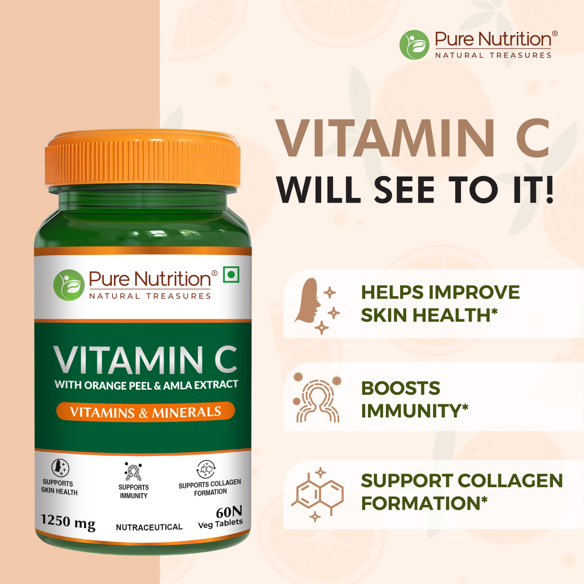 Infographic highlighting the benefits of Pure Nutrition Vitamin C, including support for skin health, immunity, and collagen formation.
