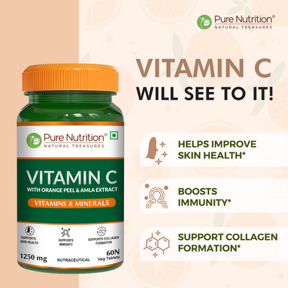 Infographic highlighting the benefits of Pure Nutrition Vitamin C, including support for skin health, immunity, and collagen formation.
