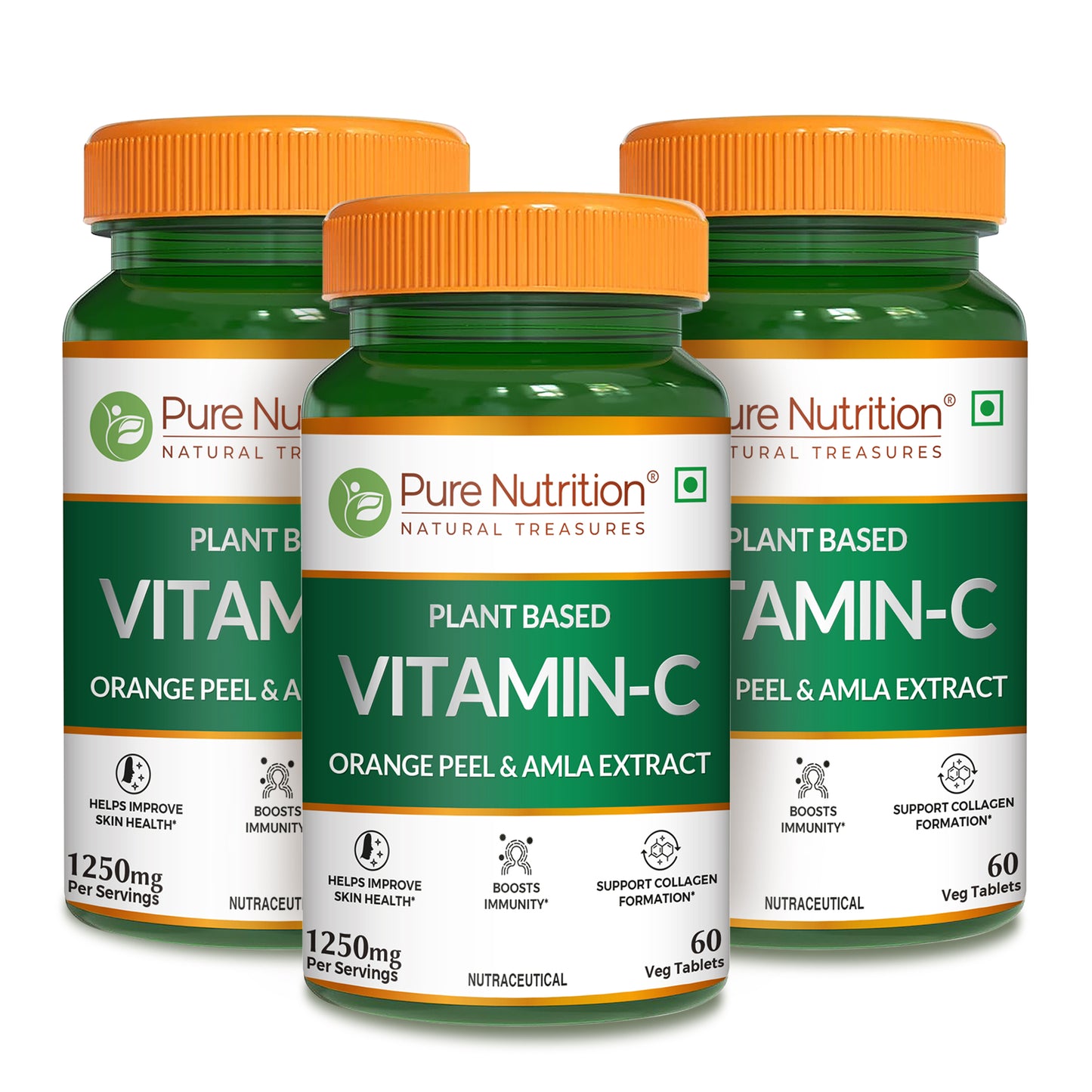Three bottles of Pure Nutrition Plant-Based Vitamin C with orange peel and amla extract displayed together as a multi-pack option.
