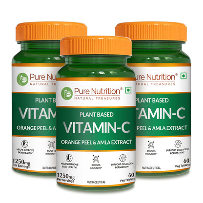 Three bottles of Pure Nutrition Plant-Based Vitamin C with orange peel and amla extract displayed together as a multi-pack option.
