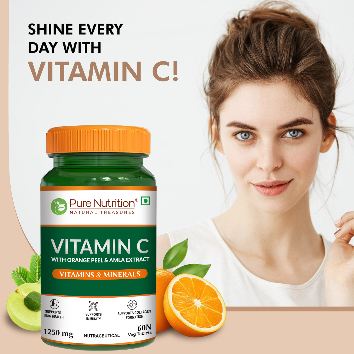  Lifestyle image promoting glowing skin and everyday beauty support with Pure Nutrition Vitamin C.
