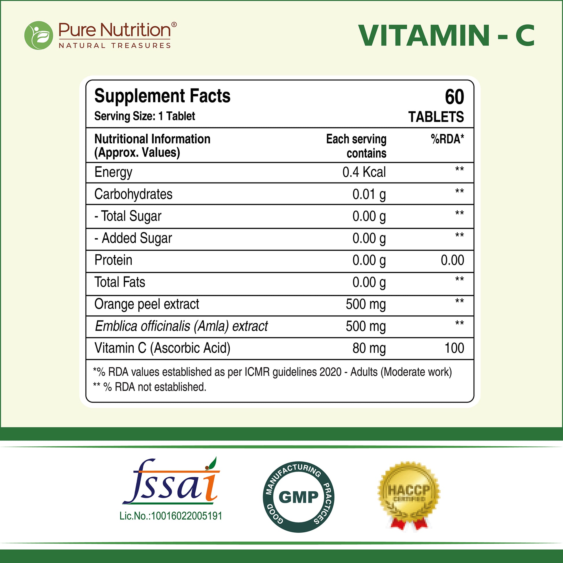 Supplement facts panel displaying the nutritional information, ingredients, and certifications for Pure Nutrition Vitamin C tablets.