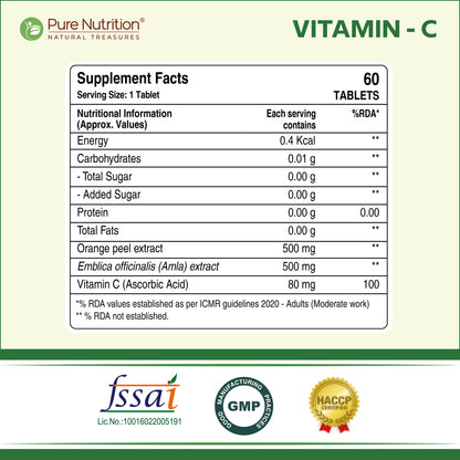 Supplement facts panel displaying the nutritional information, ingredients, and certifications for Pure Nutrition Vitamin C tablets.