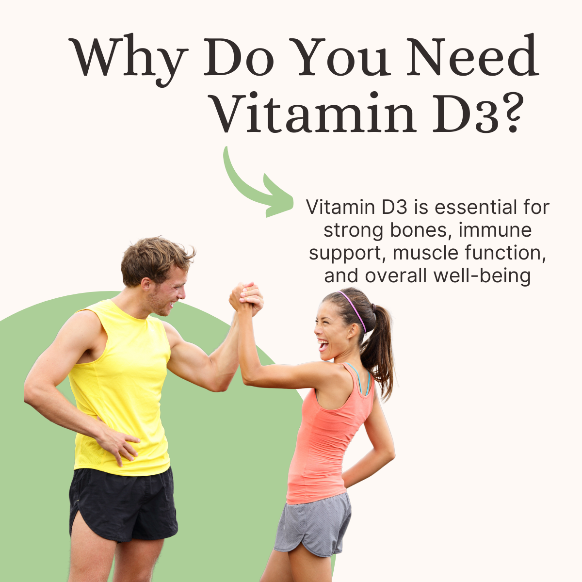 Educational graphic explaining the importance of Vitamin D3 for strong bones, immune function, muscle health, and overall well-being.
