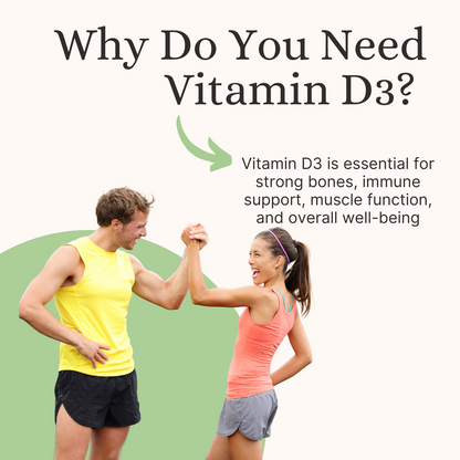 Educational graphic explaining the importance of Vitamin D3 for strong bones, immune function, muscle health, and overall well-being.

