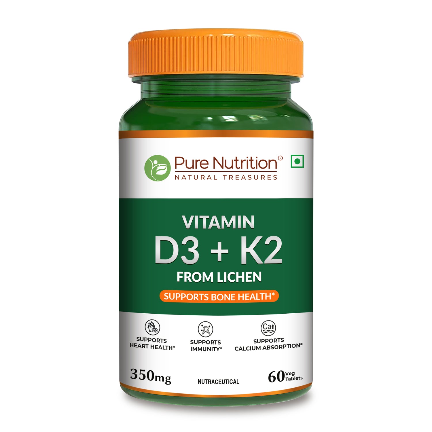 Front view of Pure Nutrition Vitamin D3 + K2 from lichen, formulated to support bone health, calcium absorption, heart health, and immunity.
