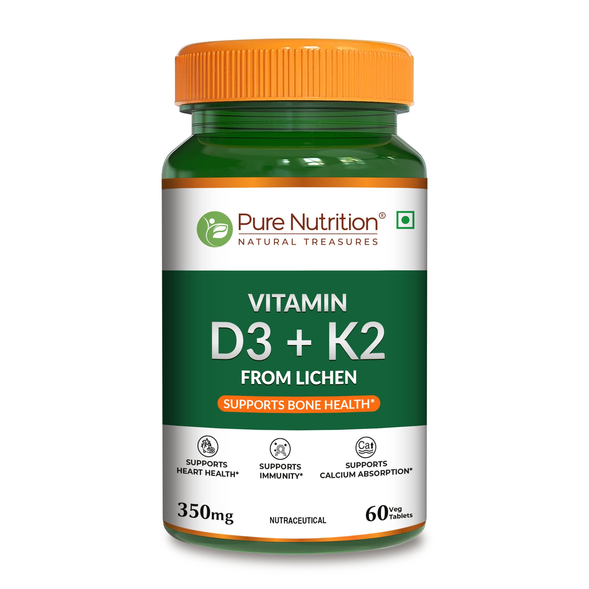 Front view of Pure Nutrition Vitamin D3 + K2 from lichen, formulated to support bone health, calcium absorption, heart health, and immunity.
