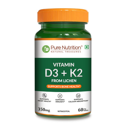 Front view of Pure Nutrition Vitamin D3 + K2 from lichen, formulated to support bone health, calcium absorption, heart health, and immunity.
