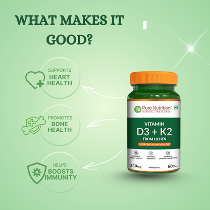 Infographic highlighting the key benefits of Vitamin D3 + K2, including support for bone health, heart health, immunity, and calcium absorption.
