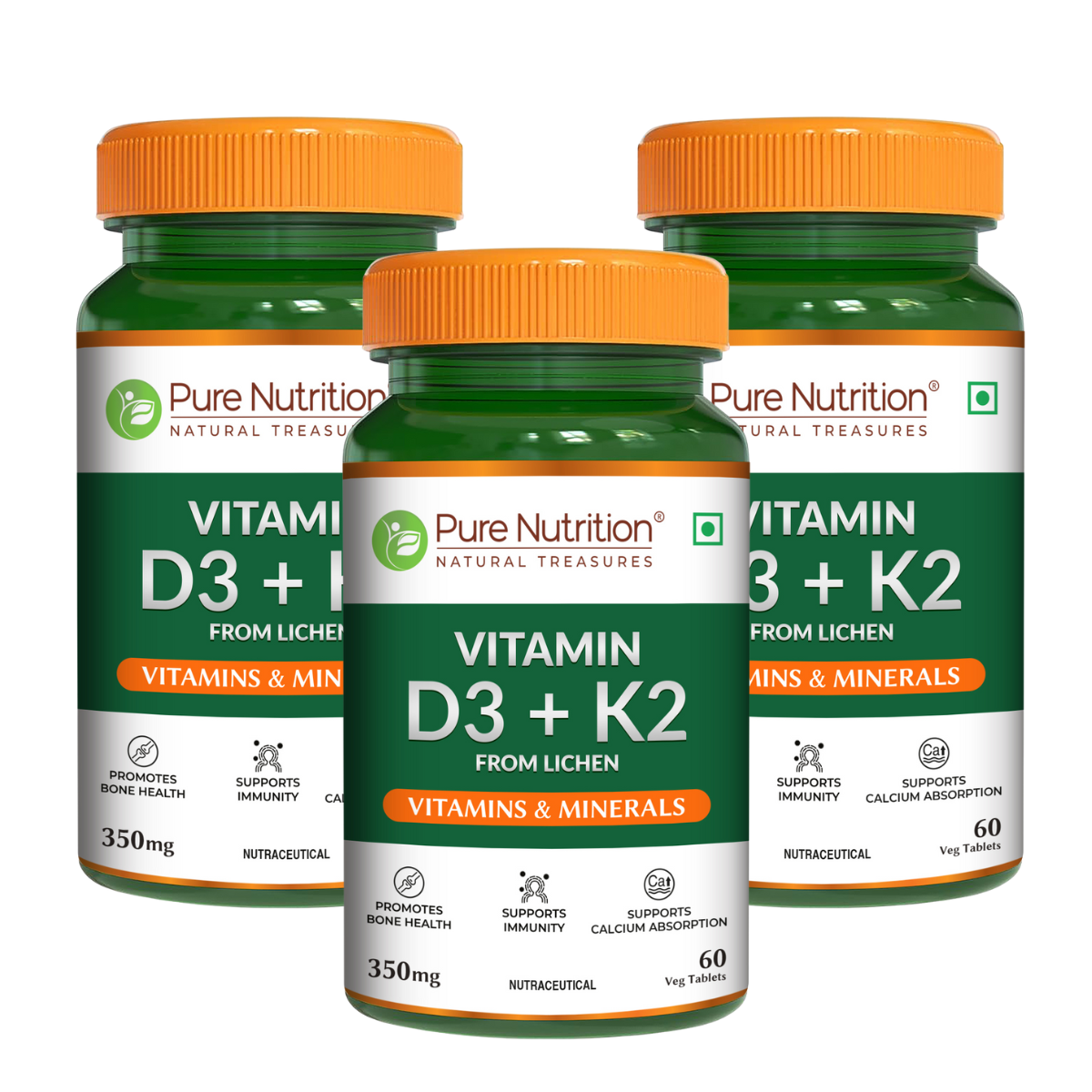 Three bottles of Pure Nutrition Vitamin D3 + K2 displayed together as a multi-pack option.
