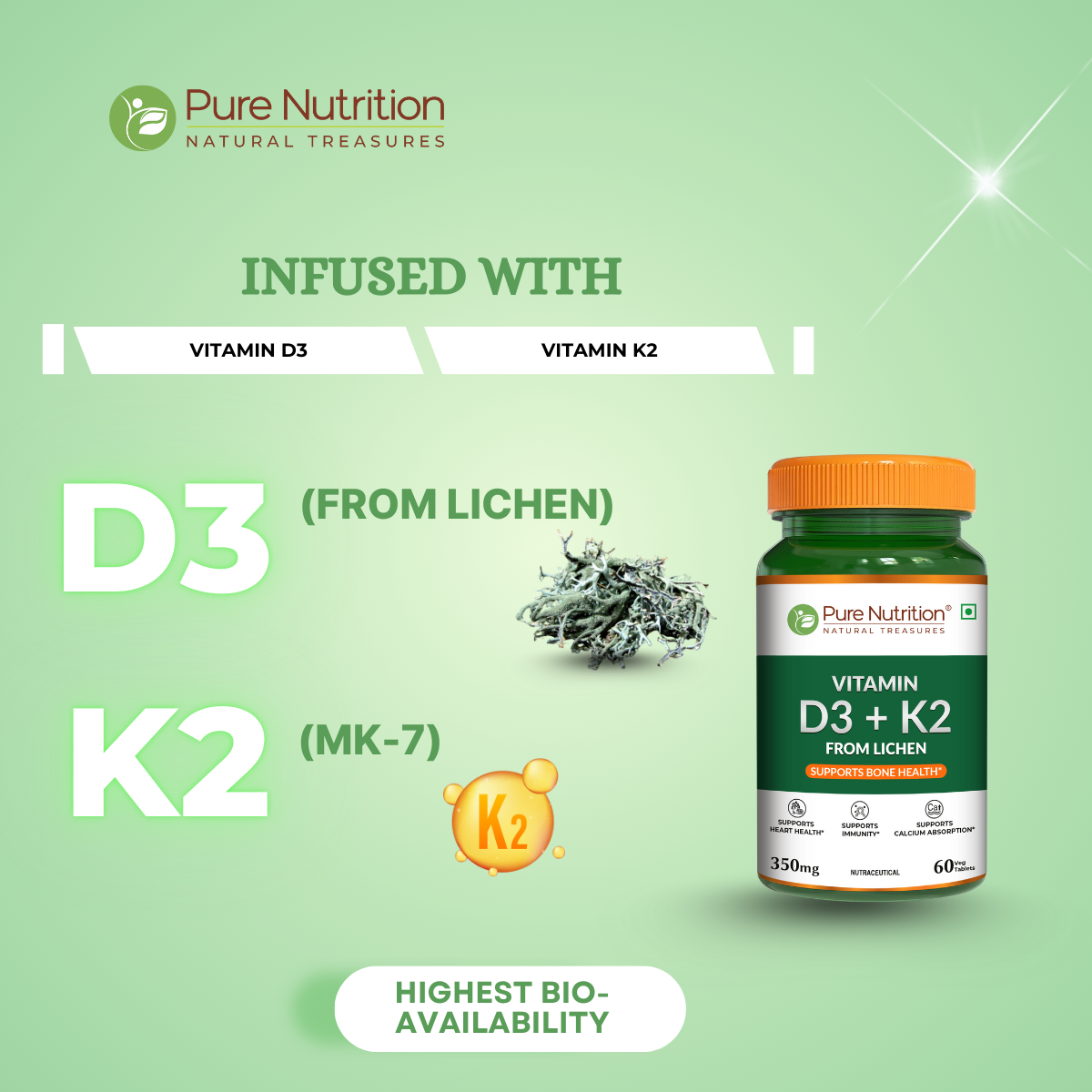 Graphic showcasing the plant-based Vitamin D3 from lichen and Vitamin K2 (MK-7) formula designed for optimal bioavailability and nutrient absorption.
