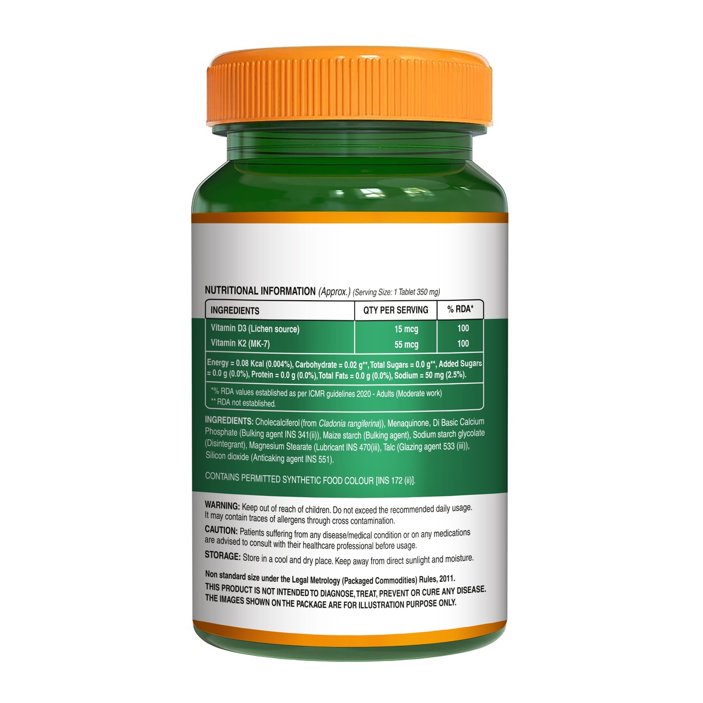 Back label showing the nutritional information, ingredients, dosage, and supplement facts for Pure Nutrition Vitamin D3 + K2 tablets.