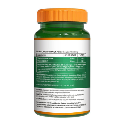 Back label showing the nutritional information, ingredients, dosage, and supplement facts for Pure Nutrition Vitamin D3 + K2 tablets.
