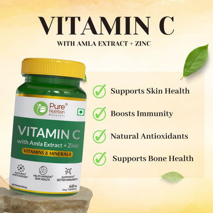 Vitamin C with Amla Extract + Zinc Supplement | Boost Immunity | Support In Skin & bone Health - 60 Veg Tablets