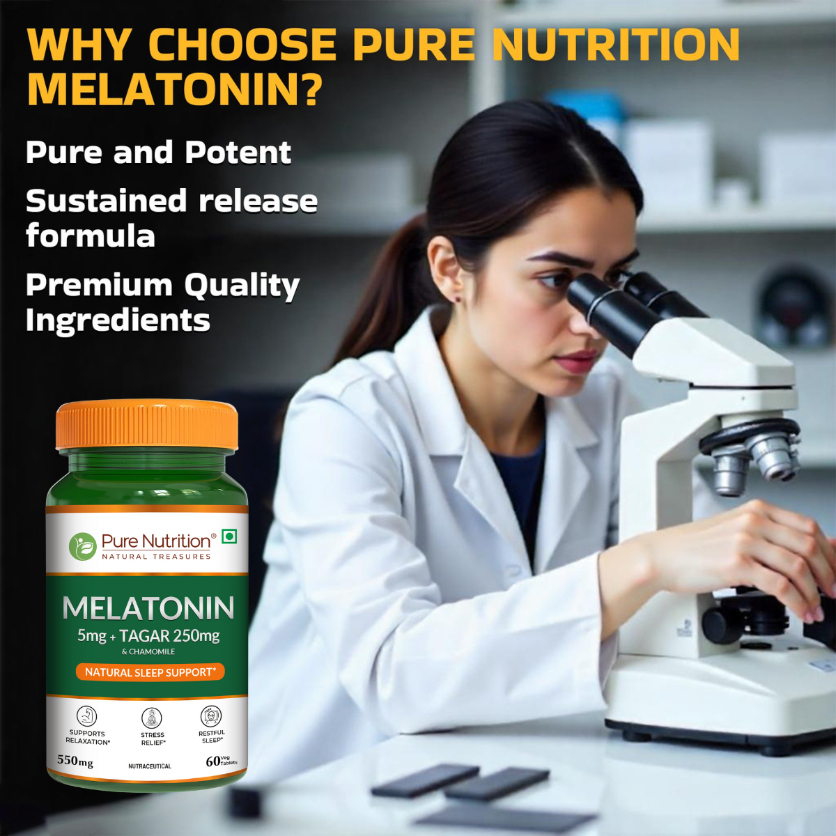 Infographic highlighting the premium quality, sustained-release formula, and purity of Pure Nutrition Melatonin tablets.
