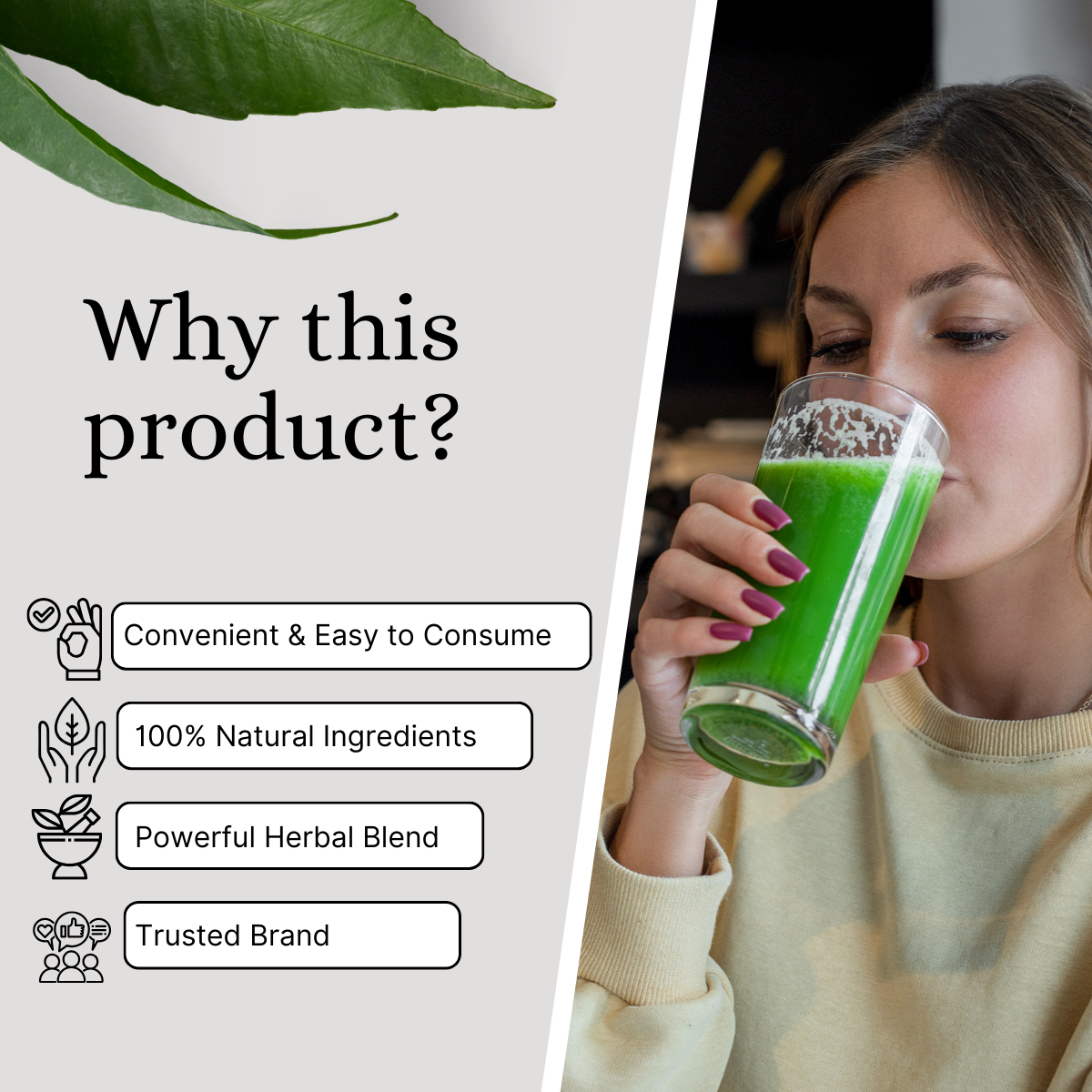 Woman drinking Noni Gold herbal juice showcasing its natural ingredients, easy consumption, herbal blend, and trusted quality.
