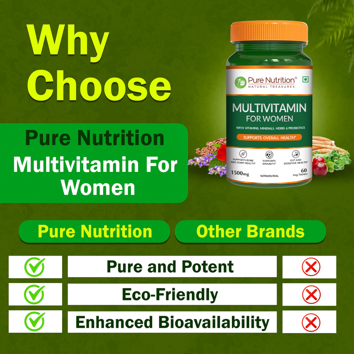 Comparison showing benefits of Pure Nutrition Multivitamin for Women over other multivitamin brands.
