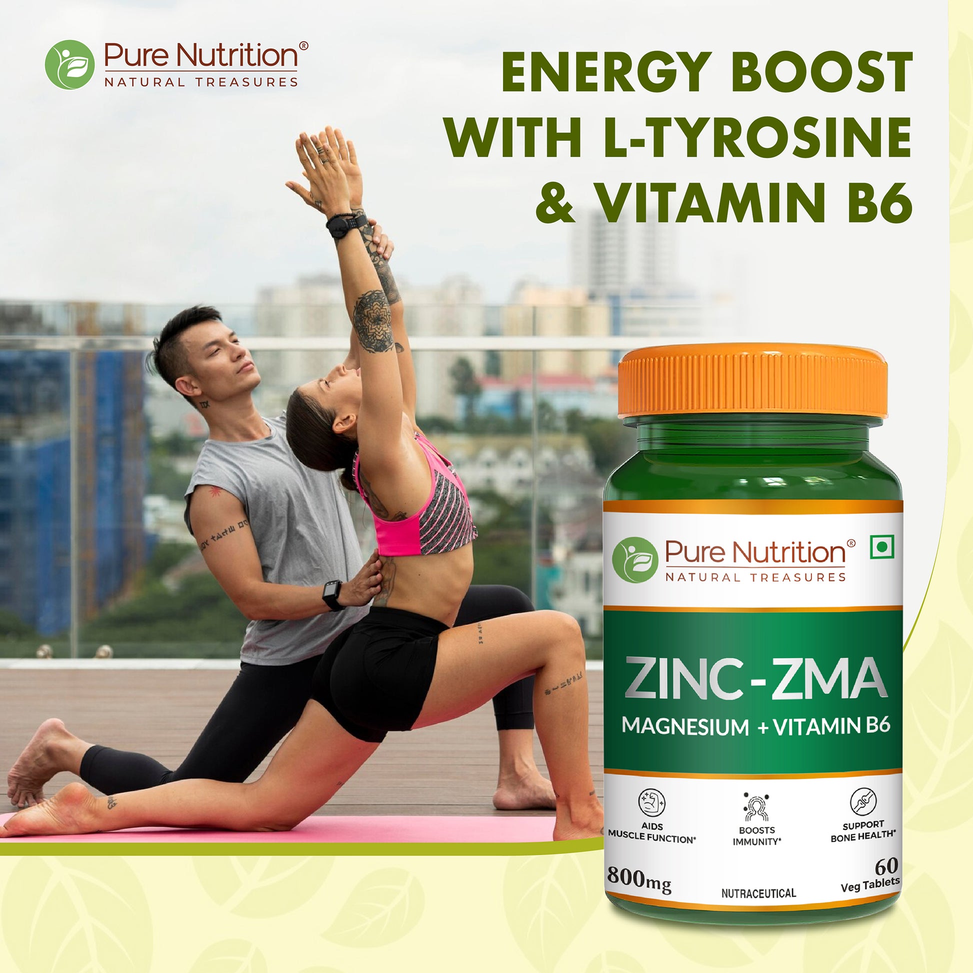 Lifestyle image featuring Zinc-ZMA with L-tyrosine and vitamin B6 to support energy production, focus, and overall wellness.
