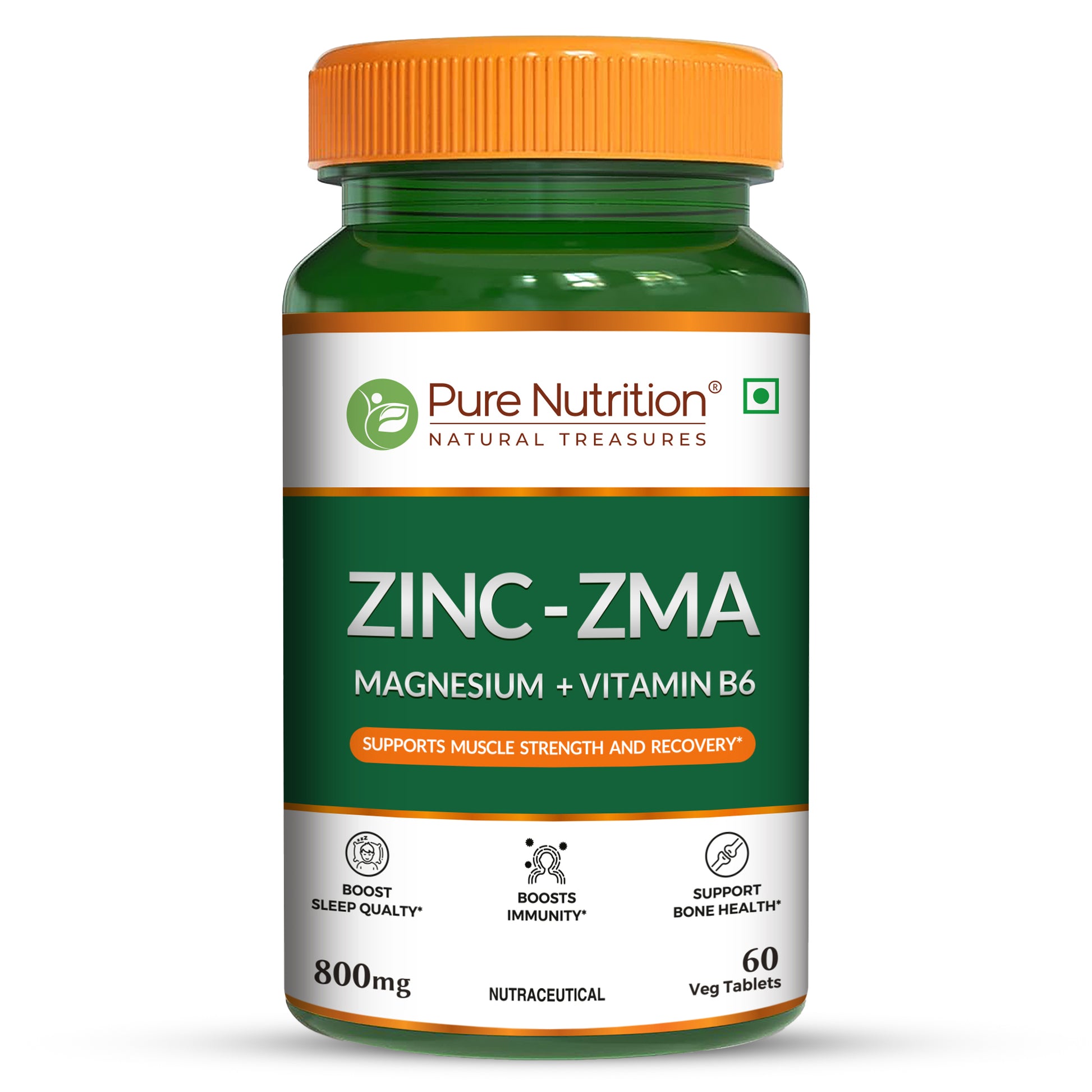 Front view of Pure Nutrition Zinc-ZMA supplement with zinc, magnesium, and vitamin B6 to support muscle strength, recovery, immunity, and bone health.
